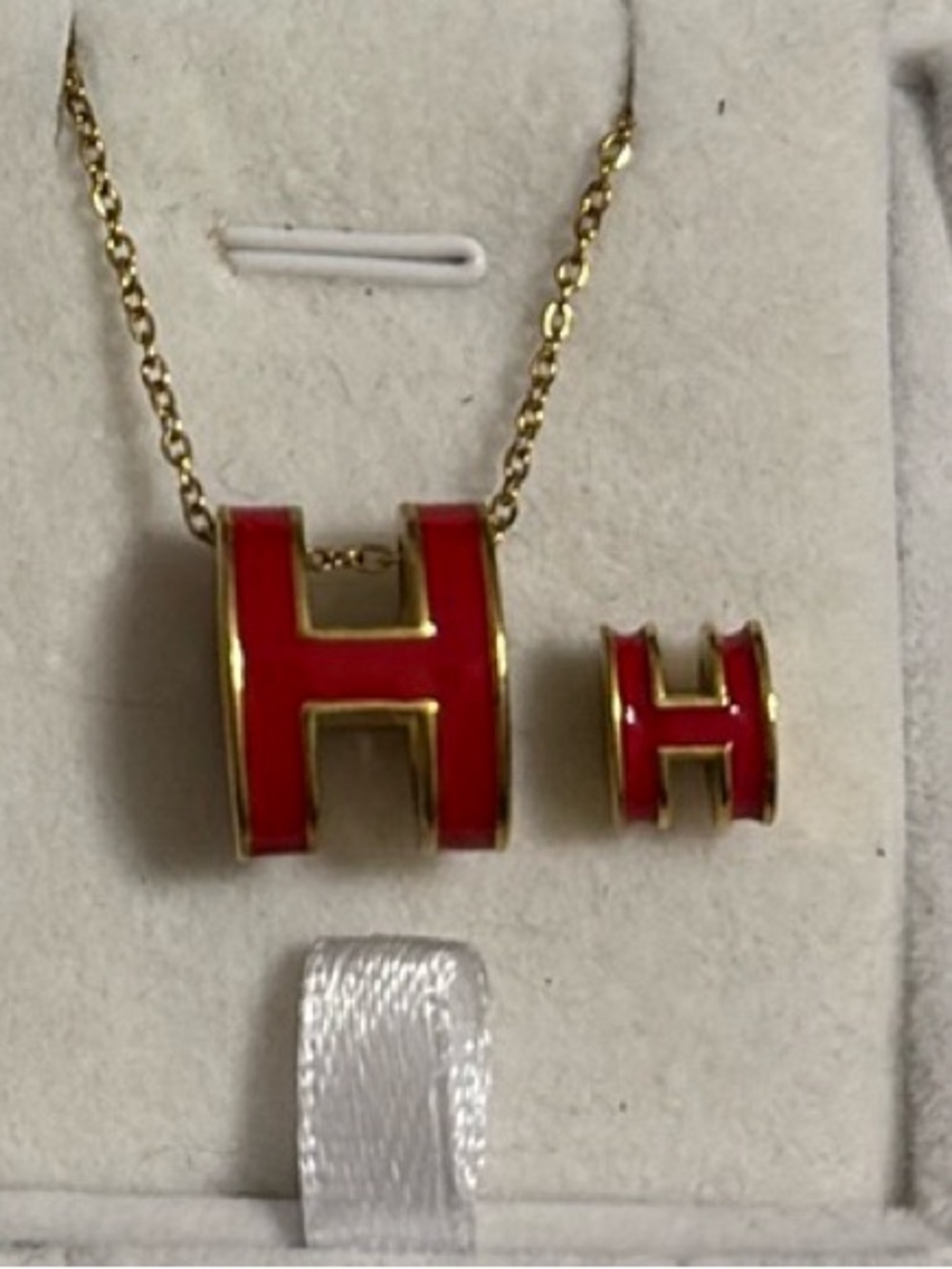 Stainless steel Gold-Tone Red enamel Large H Initial Pendant Necklace
